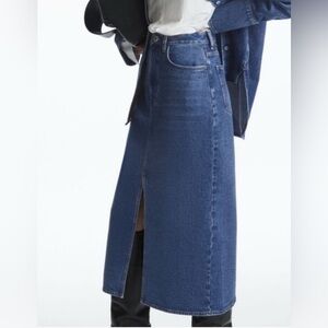 COS Front Slit Denim ALine High Waist Midi Skirt Size 4 Pockets Staple Essential